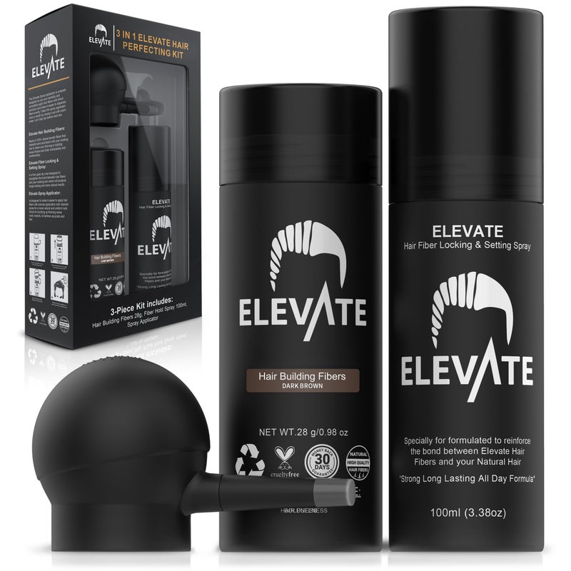 ELEVATE Hair Perfecting 3-in-1 Kit Set Includes Natural Thickening Fibers, Applicator Pump Nozzle & Locking Hold Spray | Instantly Conceal Balding Areas (Dark Brown) - Image 1